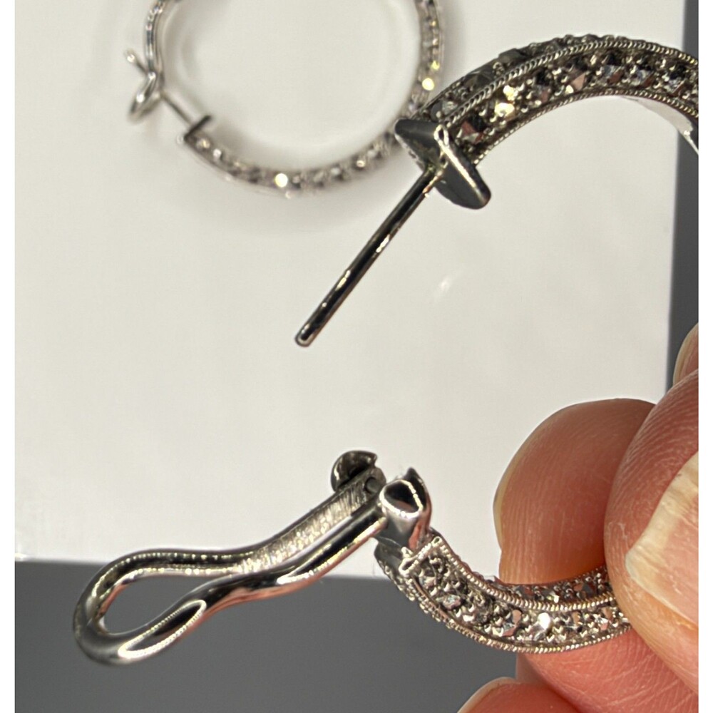 Dallas Prince 925 Sterling Silver Marcasite Hoop Earrings 1.25" 9.7g - Picture 7 of 9
